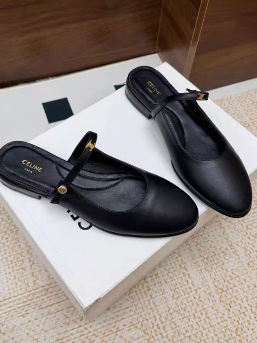 Celine Triomphe Buckle Leather Flat Mules